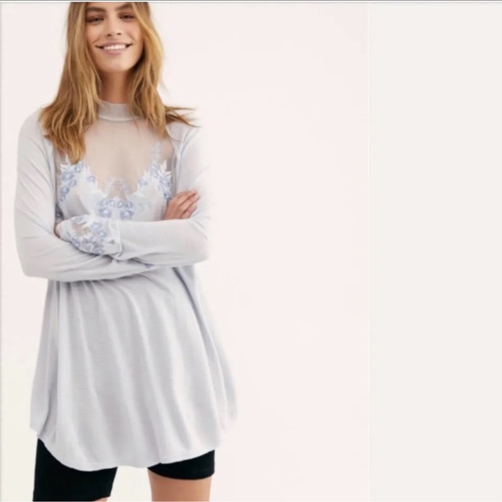 Free People Saheli Embroidered Mesh Blue Top